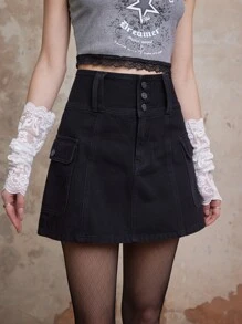 ROMWE Fairycore Solid Flap Pocket Denim Skirt - Black - View 3