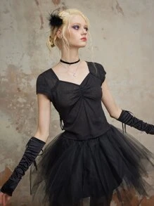 ROMWE Fairycore Áo thun nữ Xù cắt màu trơn Gợi cảm - màu đen - Xem 2