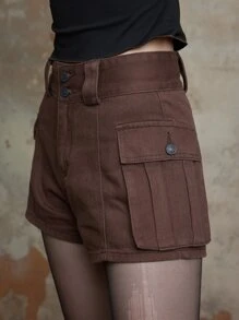 ROMWE Fairycore Quần short denim nữ Nút Túi Dây kéo màu trơn - Cà phê nâu - Xem 4