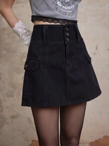 ROMWE Fairycore Solid Flap Pocket Denim Skirt - Black - View 4