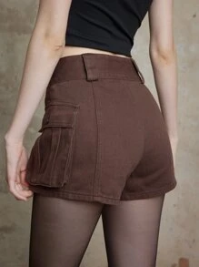 ROMWE Fairycore Quần short denim nữ Nút Túi Dây kéo màu trơn - Cà phê nâu - Xem 5