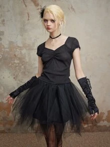 ROMWE Fairycore Áo thun nữ Xù cắt màu trơn Gợi cảm - màu đen - Xem 7