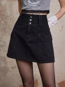 ROMWE Fairycore Solid Flap Pocket Denim Skirt - Black - View 5