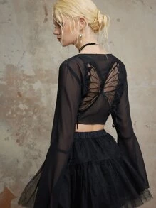 ROMWE Fairycore Kontrastmaska Ren Famsida Knut Fjäril Sexig Topp - Svart - Visa 7