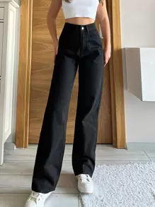 SHEIN PETITE 拉链门襟直筒牛仔裤 - 黑色 - 查看 1