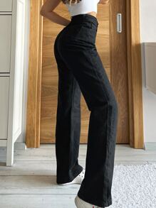 SHEIN PETITE 拉链门襟直筒牛仔裤 - 黑色 - 查看 4