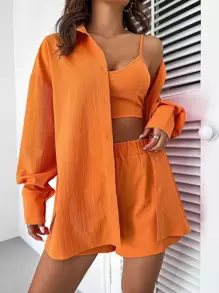 Chiquease 素色吊帶背心和短褲和落肩袖襯衫 - 橘色 - 查看 1