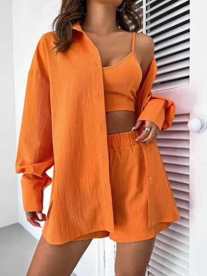 Chiquease 素色吊帶背心和短褲和落肩袖襯衫