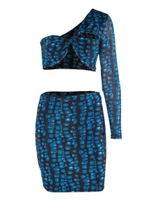 Allover Print Cut Out One Shoulder Crop Top & Skirt - Navy Blue - View 1