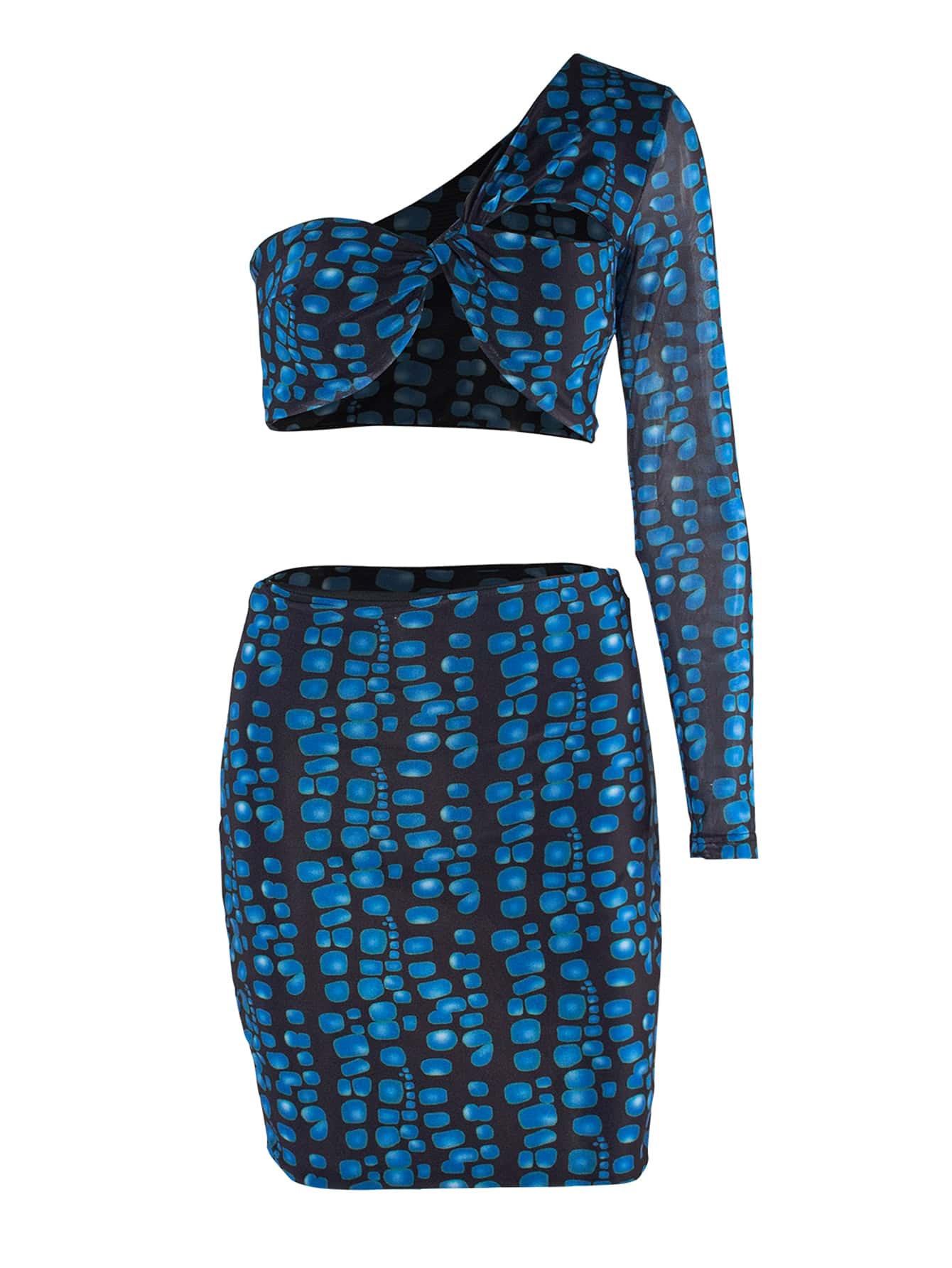 Allover Print Cut Out One Shoulder Crop Top & Skirt - Navy Blue - View 1