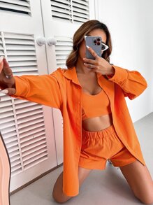 Chiquease 素色吊帶背心和短褲和落肩袖襯衫 - 橘色 - 查看 3