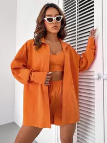 Chiquease 素色吊帶背心和短褲和落肩袖襯衫 - 橘色 - 查看 4