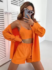 Chiquease 素色吊帶背心和短褲和落肩袖襯衫 - 橘色 - 查看 6