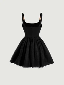 SHEIN MOD Đầm Tương phản Mesh Dây kéo màu trơn Giải trí - màu đen - Xem 2