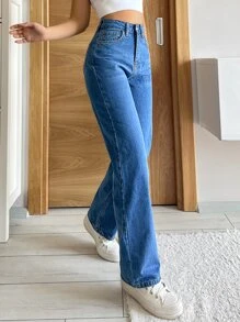 SHEIN PETITE High Waist Straight Leg Jeans - Medium Wash - View 3