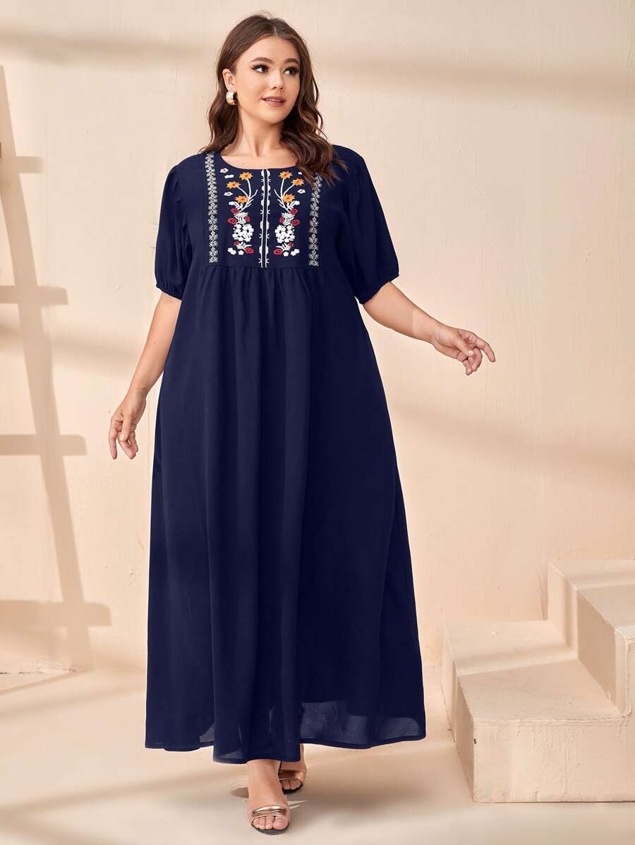 Al Najma Plus Floral Embroidery Smock Dress - Navy Blue - View 1