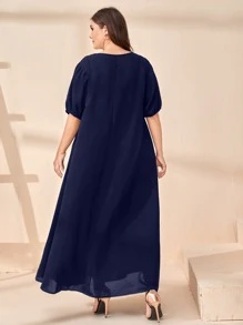 Al Najma Plus Floral Embroidery Smock Dress - Navy Blue - View 2