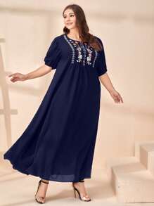 Al Najma Plus Floral Embroidery Smock Dress - Navy Blue - View 3