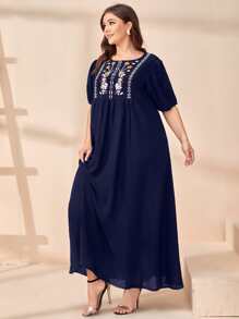 Al Najma Plus Floral Embroidery Smock Dress - Navy Blue - View 4