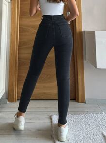 SHEIN PETITE 98%Cotton Women Casual Solid High Waist Skinny Jeans - Black - View 3