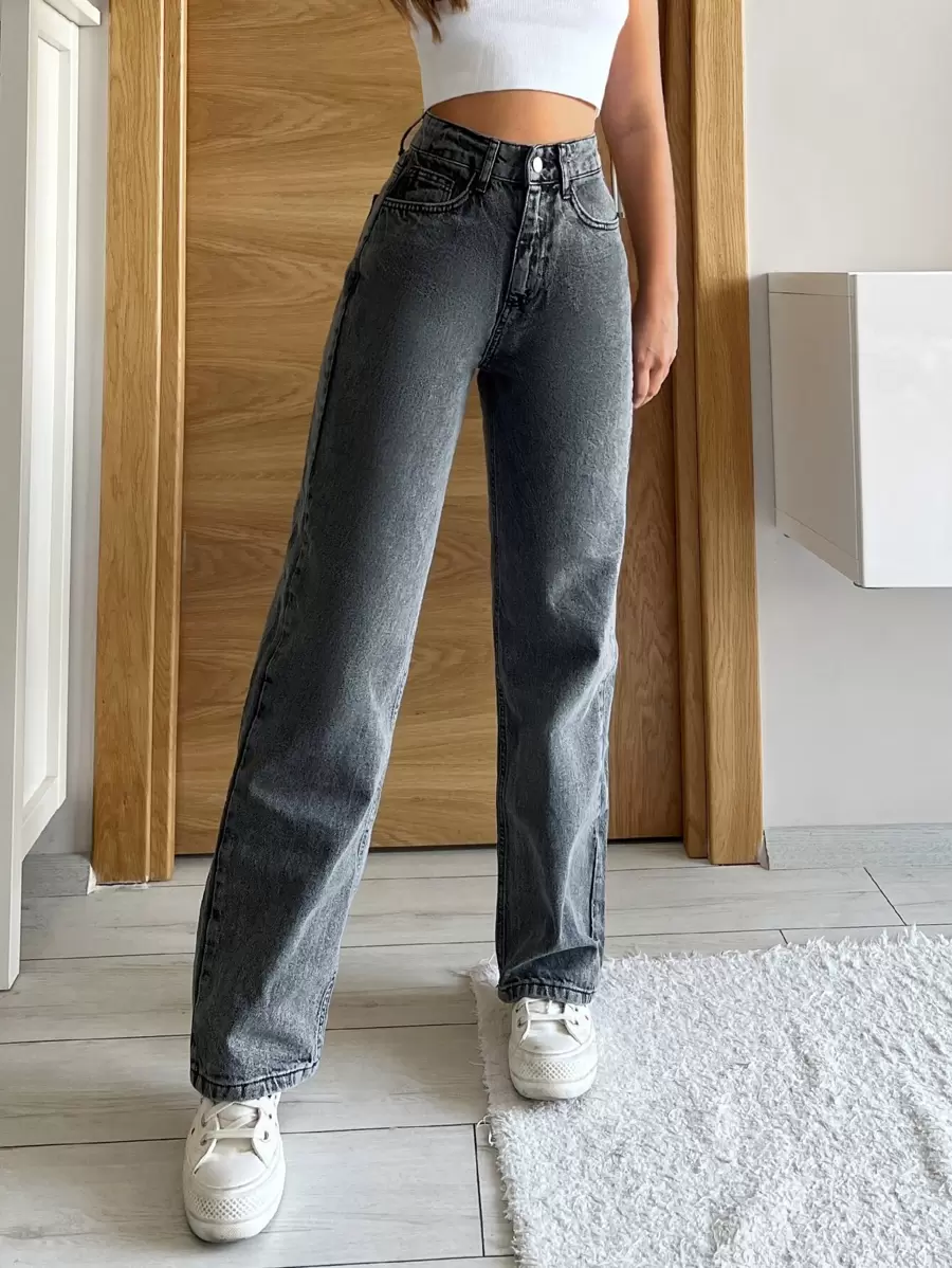 SHEIN PETITE 拉鍊門襟直筒牛仔褲,小碼女款 - 深灰色 - 查看 1