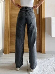 SHEIN PETITE 拉鍊門襟直筒牛仔褲，小碼女款 - 深灰色 - 查看 2