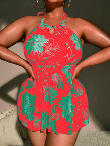 Plus Size Tropical Print Halter High Waist Tankini Summer Beach - Multicolor - View 1