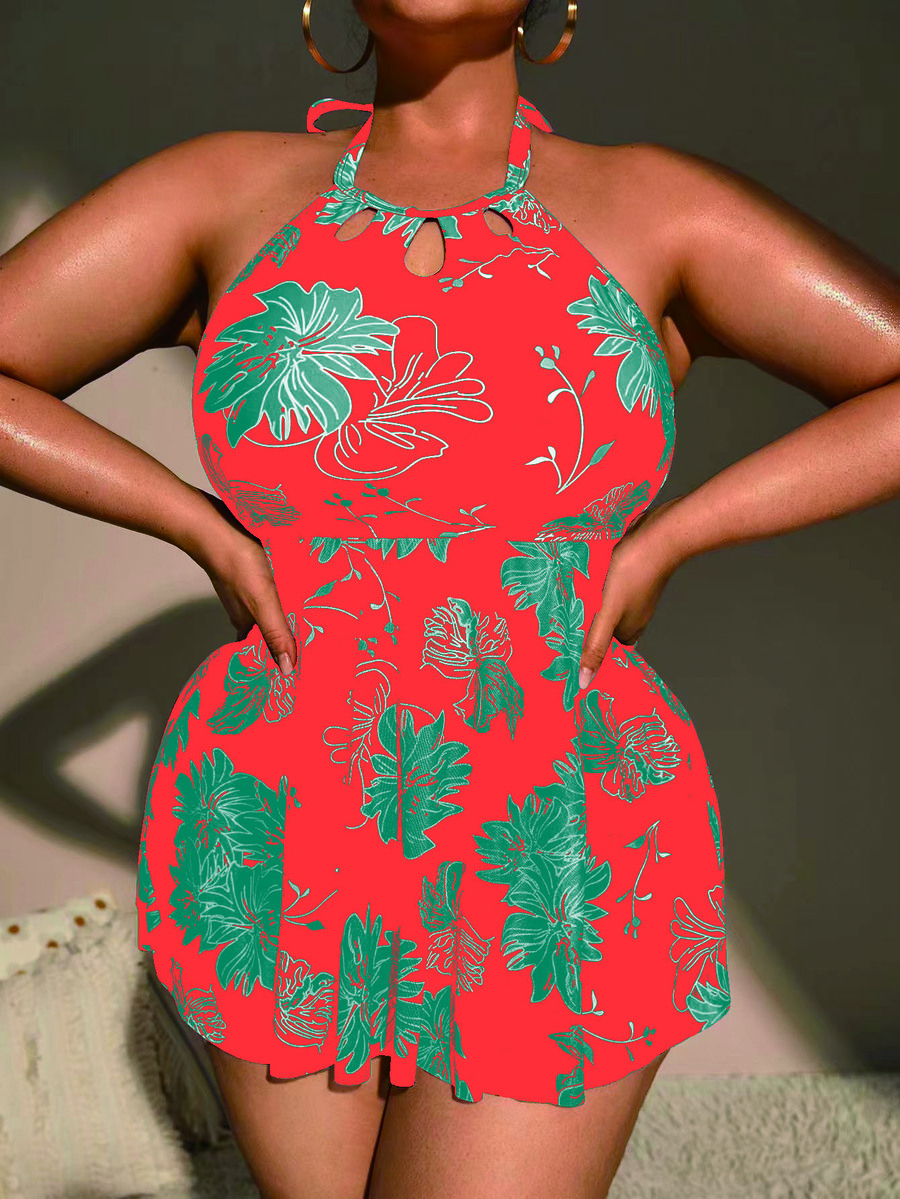 Plus Size Tropical Print Halter High Waist Tankini Summer Beach - Multicolor - View 1