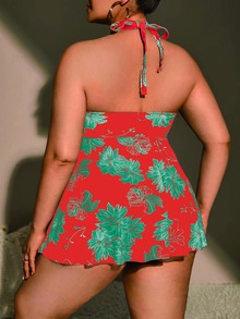 Plus Size Tropical Print Halter High Waist Tankini Summer Beach - Multicolor - View 2