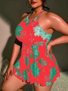 Plus Size Tropical Print Halter High Waist Tankini Summer Beach - Multicolor - View 3