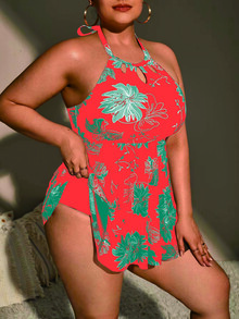 Plus Size Tropical Print Halter High Waist Tankini Summer Beach - Multicolor - View 4