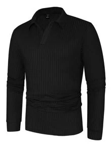 Manfinity Homme Men Solid Ribbed Knit Casual Work Long Sleeve Polo Shirt, Boyfriend Gift