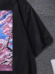 Manfinity Hypemode Men Japanese Letter & Mountain Print Tee - Black - View 4