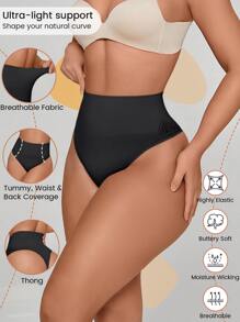 1Pc Women's Lace Tummy Control Shapewear Thong Panties For Women - Seamless Body Shaper Underwear With Mid Waist Control And Breathablet - Black - View 1