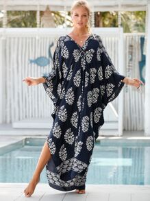 Floral Print Batwing Sleeve Cover Up - Navy Blue - View 1
