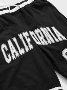 ROMWE MEN Prep 男士字母圖案腰部抽繩短褲 - 黑色 - 查看 3