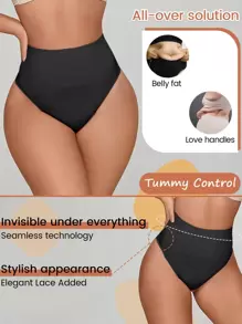 1Pc Women's Lace Tummy Control Shapewear Thong Panties For Women - Seamless Body Shaper Underwear With Mid Waist Control And Breathablet - Black - View 5