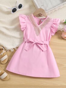 Toddler Girls Contrast Lace Flutter Sleeve Dress - Pink - View 1
