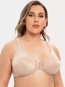 Plus Unlined Floral Lace Underwire Front Closure Bra - Apricot - View 3