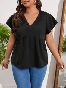 SHEIN LUNE Plus Contrast Lace Butterfly Sleeve Peplum Blouse - Black - View 4