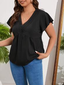 SHEIN LUNE Plus Contrast Lace Butterfly Sleeve Peplum Blouse - Black - View 5