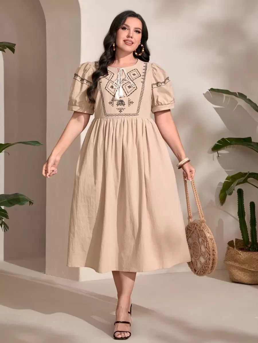 Mulvari Plus Geo Embroidery Tassel Tie Neck Puff Sleeve Dress - Khaki - View 1