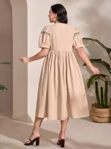 Mulvari Plus Geo Embroidery Tassel Tie Neck Puff Sleeve Dress - Khaki - View 2