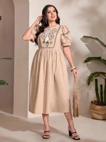 Mulvari Plus Geo Embroidery Tassel Tie Neck Puff Sleeve Dress - Khaki - View 3