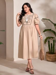 Mulvari Plus Geo Embroidery Tassel Tie Neck Puff Sleeve Dress - Khaki - View 4