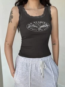 SHEIN x PRISCILA & JIMENA DAZY Letter Graphic Lace Trim Tank Top