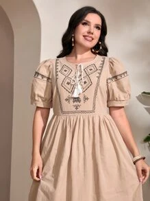 Mulvari Plus Geo Embroidery Tassel Tie Neck Puff Sleeve Dress - Khaki - View 5
