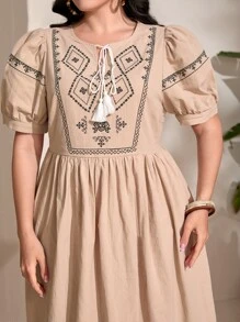 Mulvari Plus Geo Embroidery Tassel Tie Neck Puff Sleeve Dress - Khaki - View 6