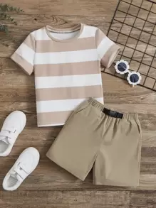 SHEIN Toddler Boys Striped Tee & Drawstring Waist Shorts - Multicolor - View 1