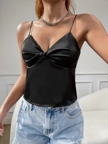 Muchica 前扭結緞面吊帶上衣 - 黑色 - 查看 1